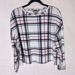 Natural Reflections Cotton Blend White Black Red Plaid Waffle Knit Top M